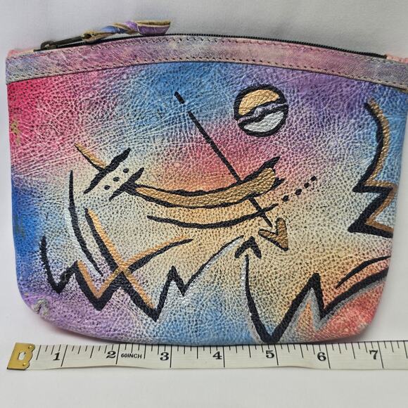 The Animal Face Hand Painted Genuine Leather Zip Case Small Clutch Coin Bag Mini - Picture 4 of 7